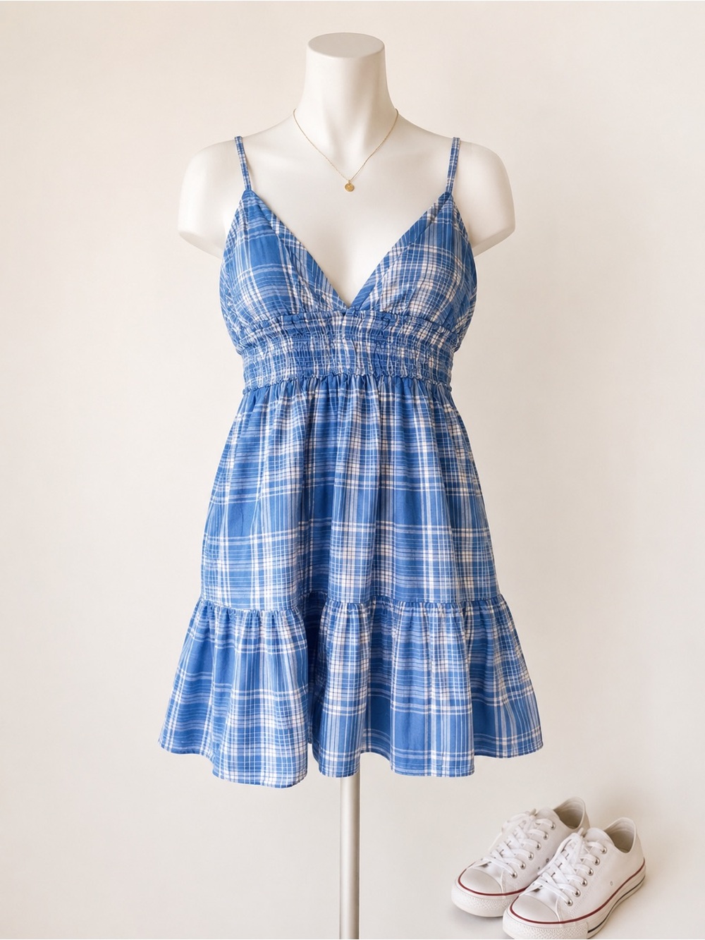 Aéropostale Blue Plaid Tiered Mini Sundress Large Y2K Cottagecore